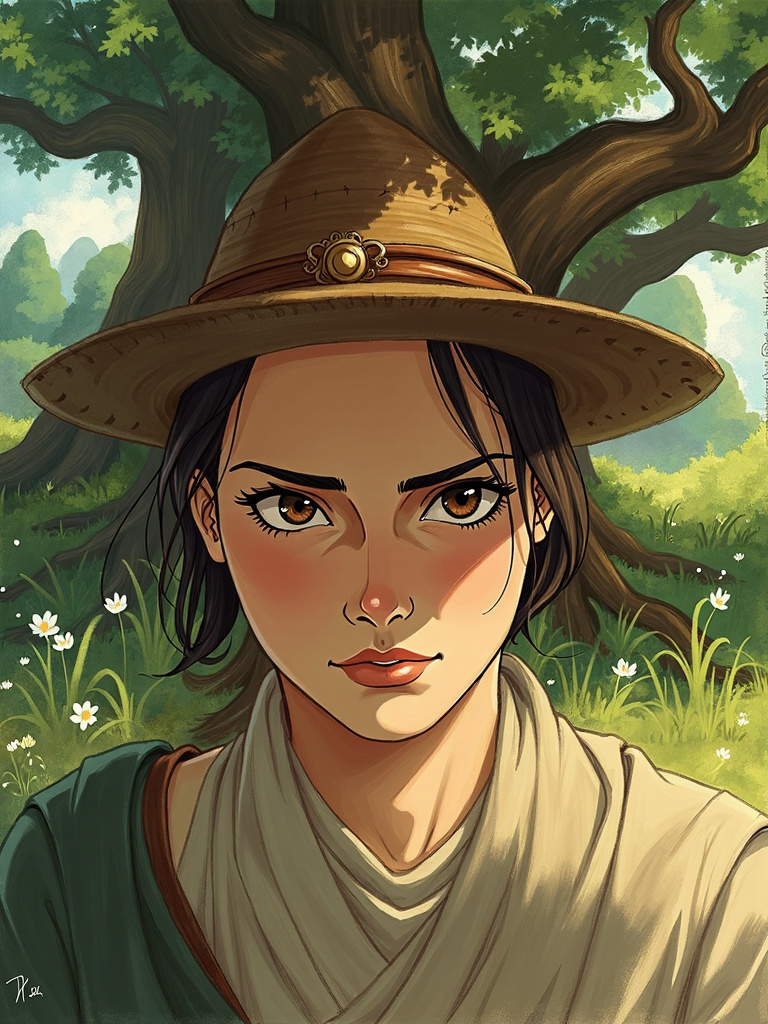 IMG_0758 Studio Ghibli image of woman with brown eyes and brown hair with light brown hat